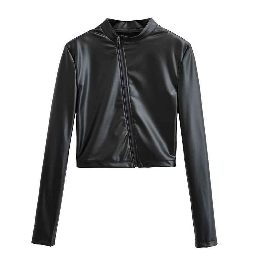 Faux Leather Asymmetrical Zip Jacket Product Image