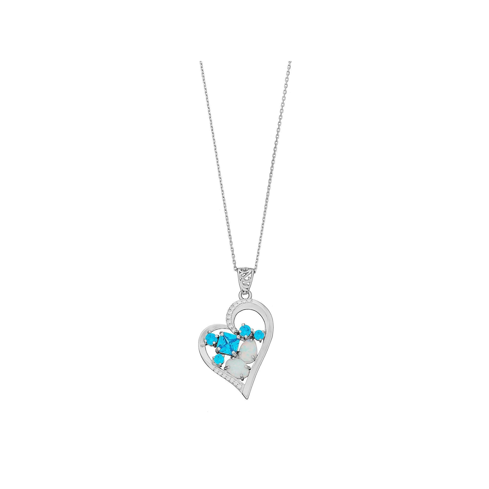Sterling Silver Lab-Created Opal & Cubic Zirconia Heart Pendant Necklace, Women's, Size: 18" Product Image