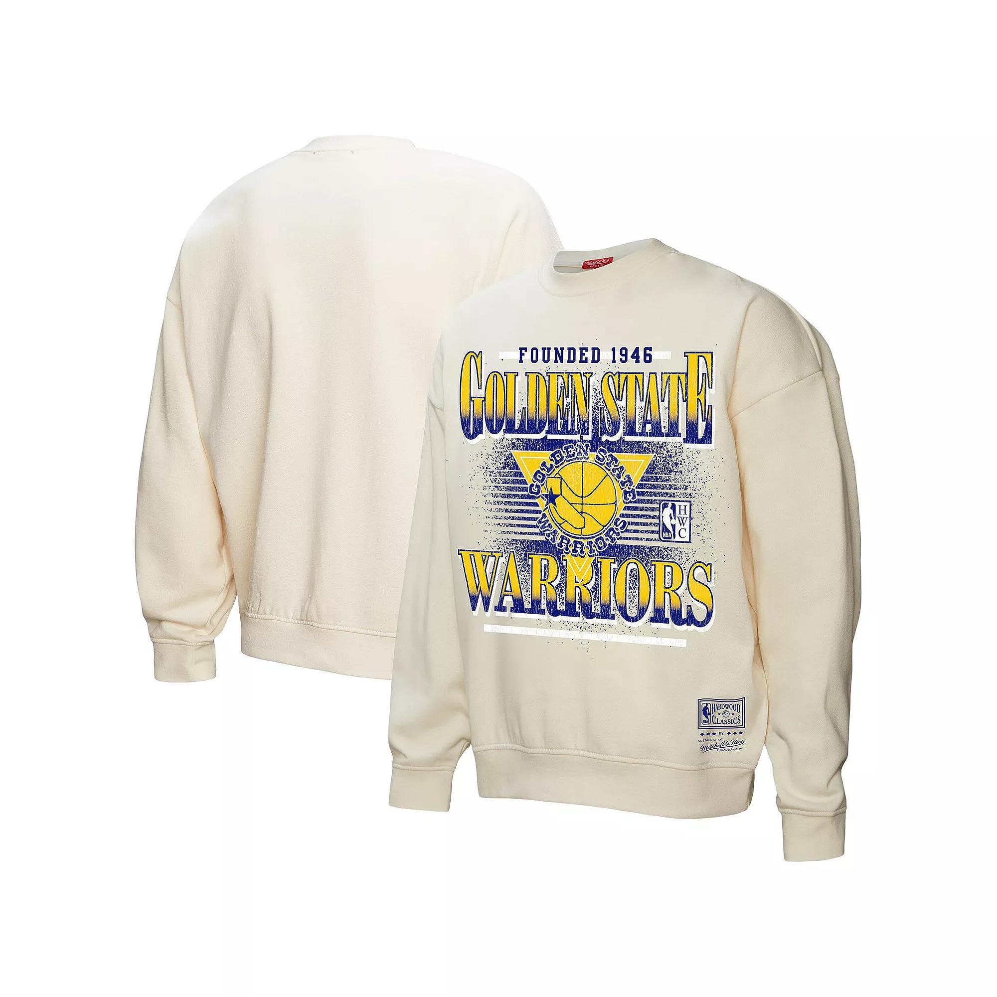 Women's Mitchell & Ness Cream Golden State Warriors Oversprayed Pullover Sweatshirt, Size: Large, Beige Product Image