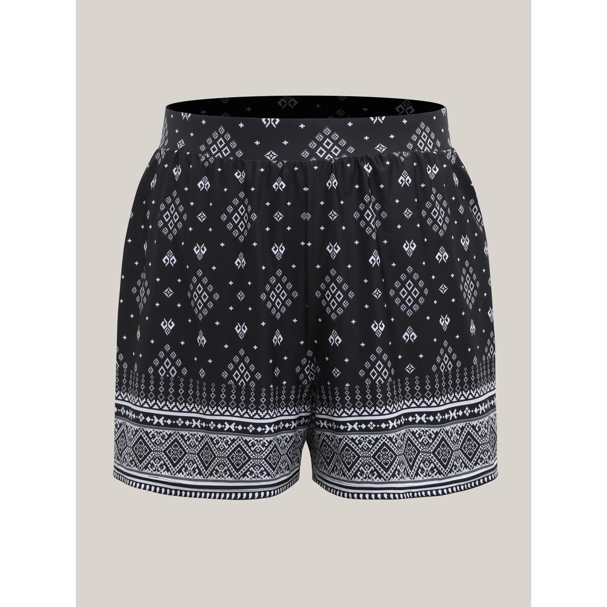Plus Size Boho Print Pockets Swim Bottoms Women's Swimwear Black Beach High stretch Bodycon High Rise Side seam pocket Curve Swim Bottoms BloomChic 12/L Product Image
