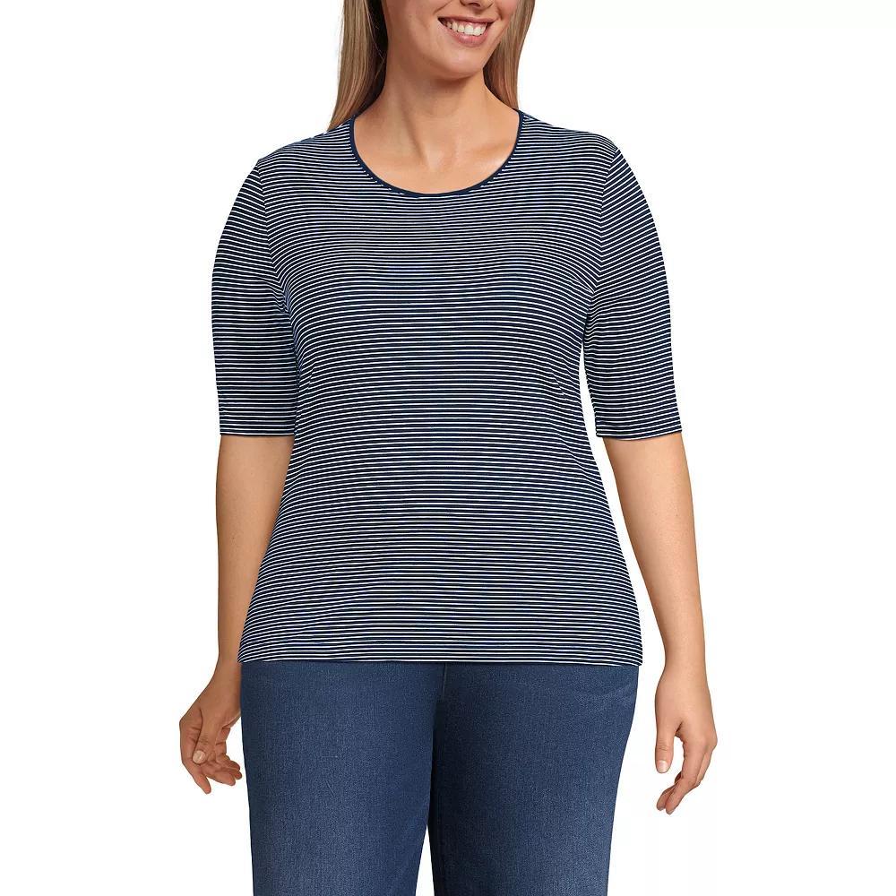 Plus Size Lands' End Elbow Sleeve Jersey Crewneck Top, Women's, Size: 1XL, White Green Stripe Product Image