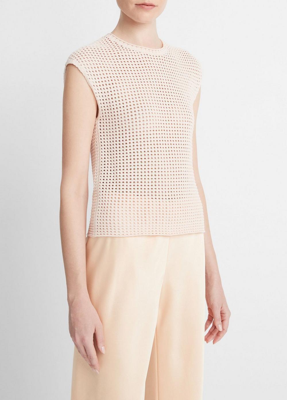 Womens Mesh-stitch Cap-Sleeve Crew Neck Sweater, Petal Pearl, Size M Vince Product Image