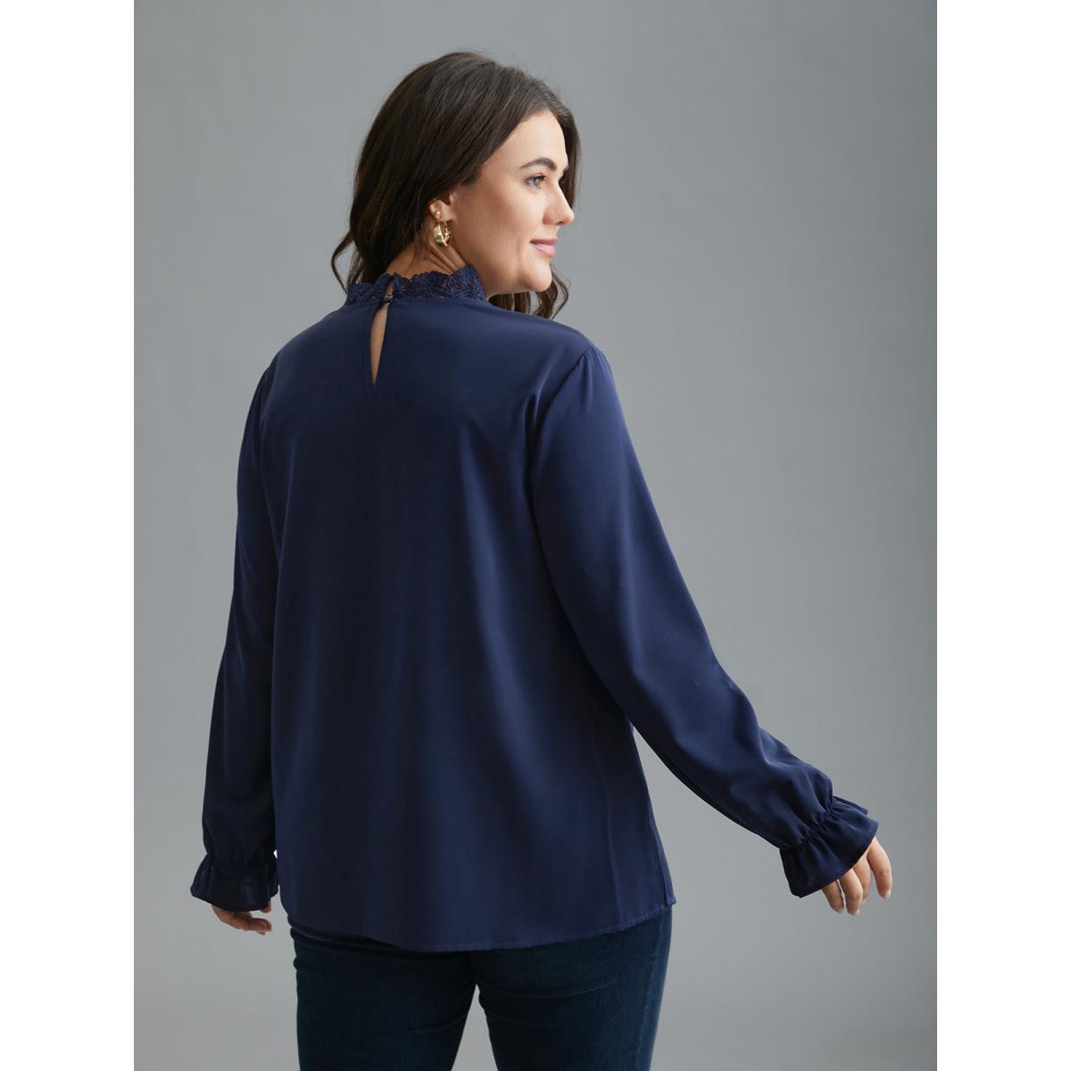 Plus Size Indigo Lace Cut-Out Sheer Stand Collar Blouse Women Elegant Long Sleeve Stand-up collar Everyday Blouses BloomChic 30/6X Product Image