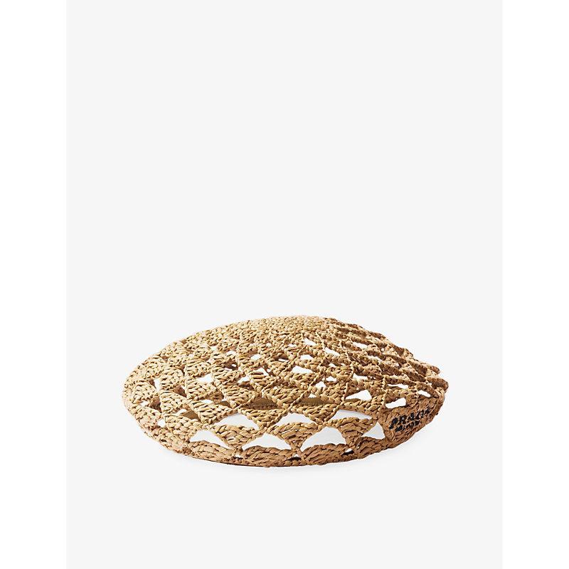 PRADA Womens Neutral Embroidered-logo Geometric-pattern Crochet Beret Product Image