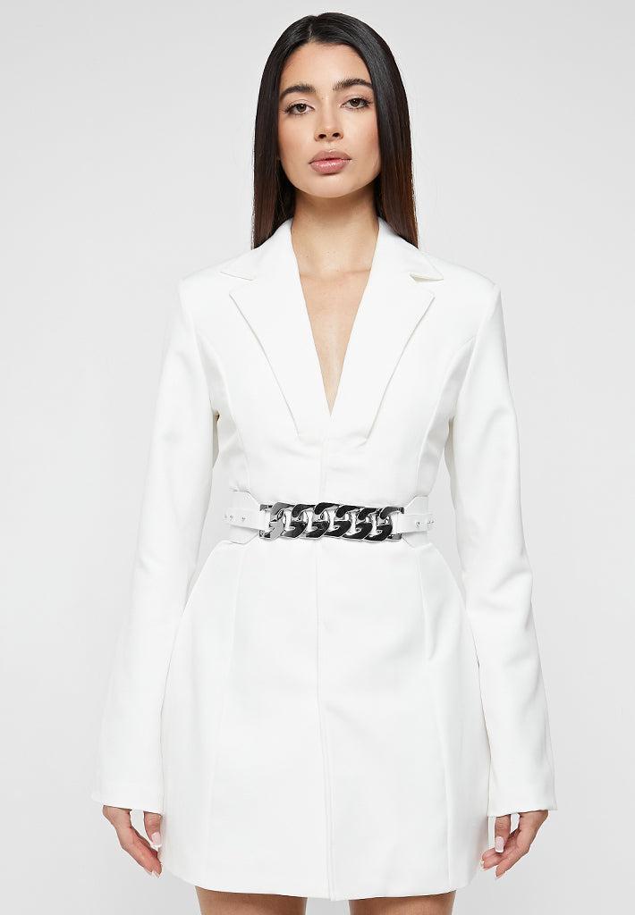 Chain Belted Blazer Dress - White Female Product Image