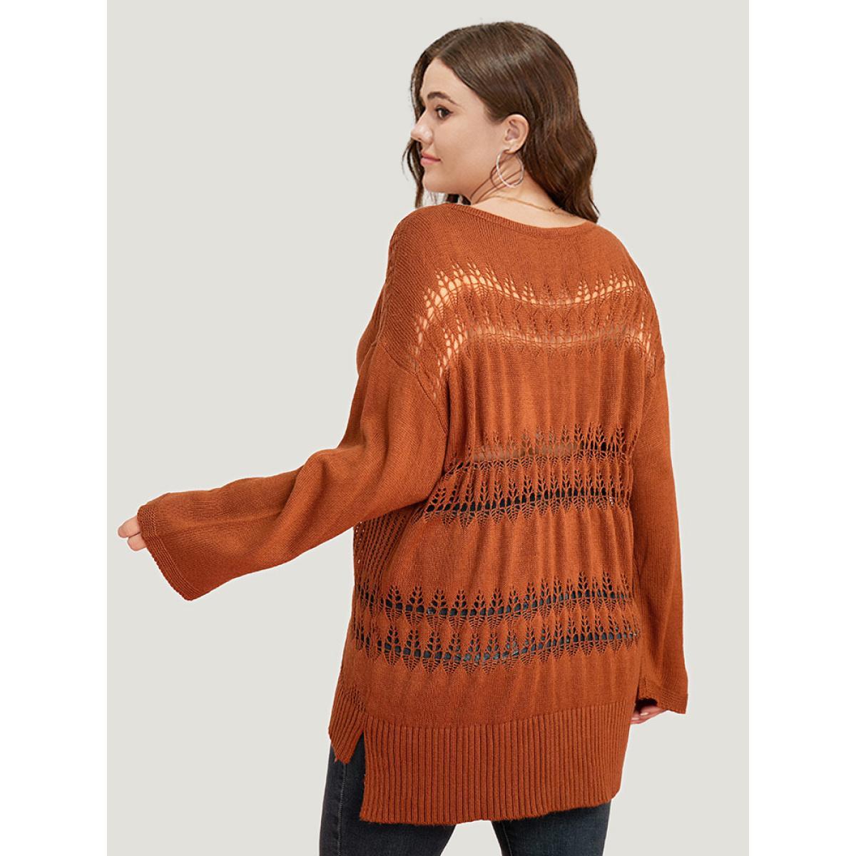 Plus Size Solid Hollow Out Split V Neck Pullover Chocolate Women Casual Loose Long Sleeve V-neck Everyday Pullovers BloomChic 28/5X Product Image