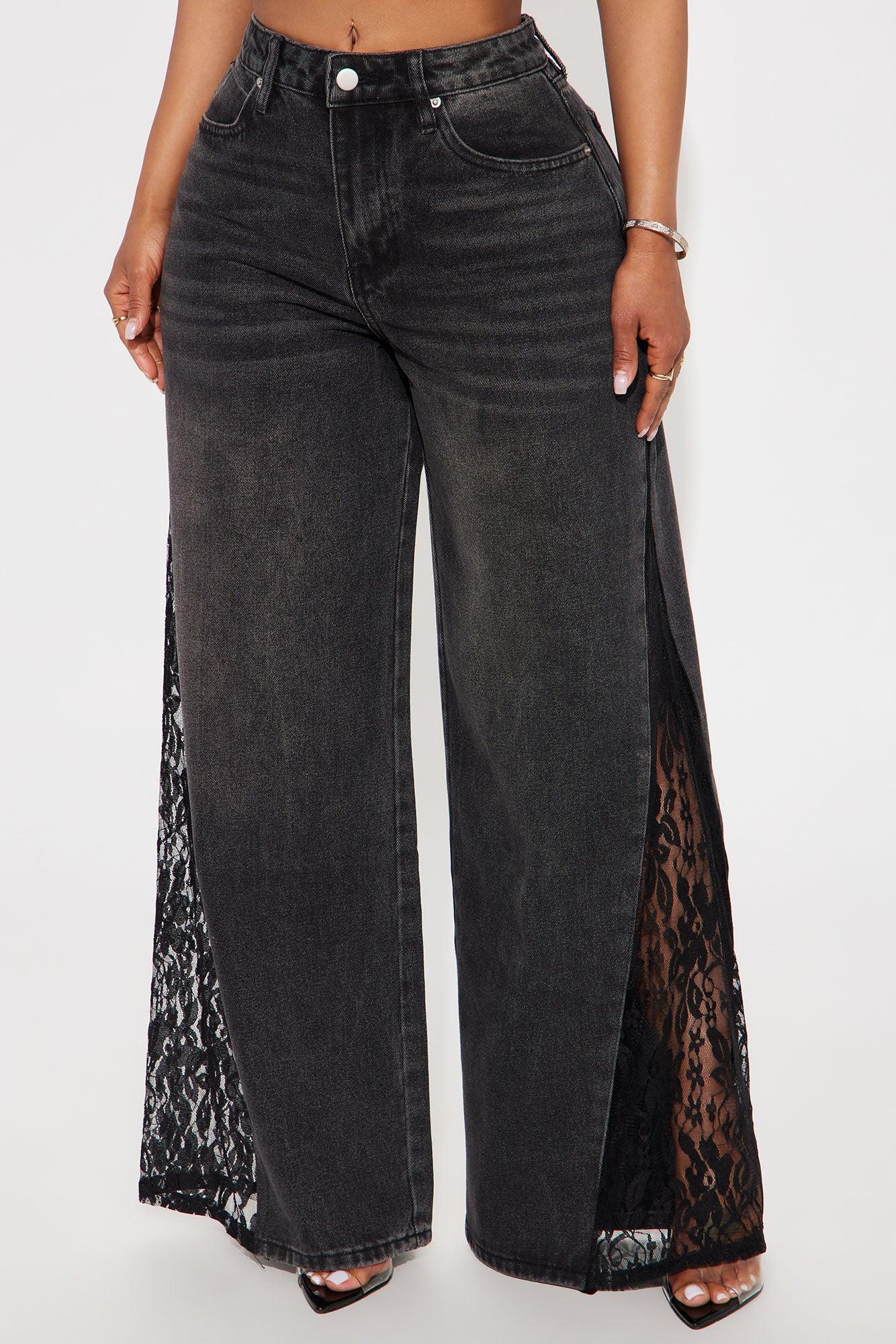 She's So Sweet Lace Trim Wide Leg Jeans - Black Wash Product Image