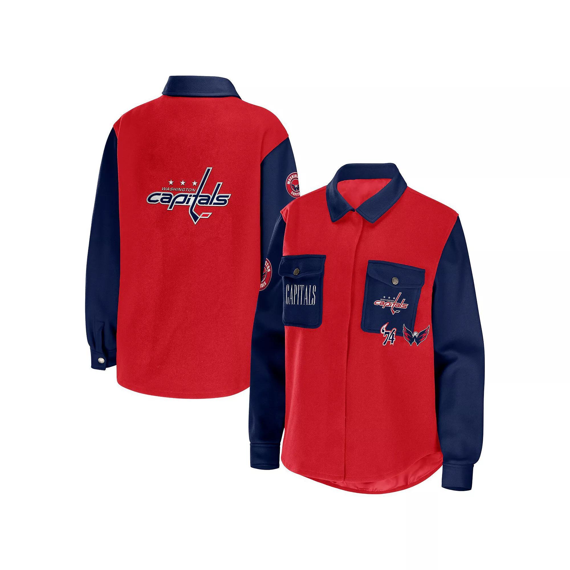 Women's WEAR by Erin Andrews Red/Navy Washington Capitals Colorblock Button-Up Shirt Jacket, Size: Small Product Image