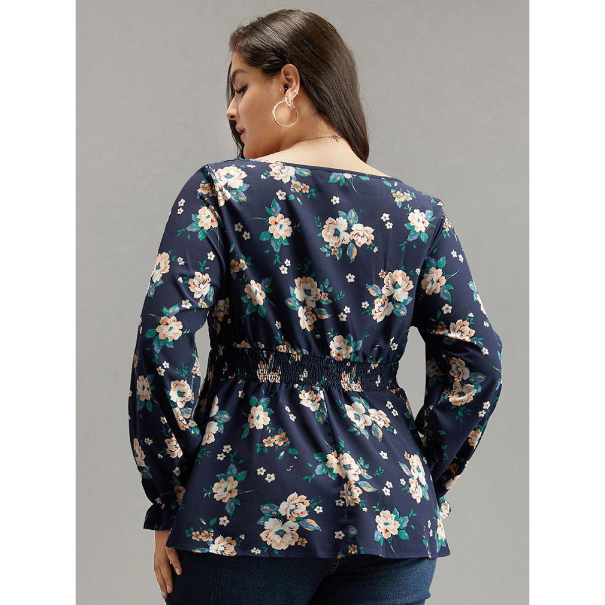 Plus Size Indigo Floral Square Neck Shirred Lantern Sleeve Blouse Women Elegant Long Sleeve Square Neck Dailywear Blouses BloomChic 12/L Product Image