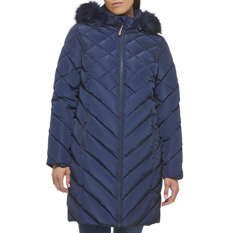 Tommy Hilfiger Womens Faux-Fur-Trim Hooded Puffer Coat Product Image