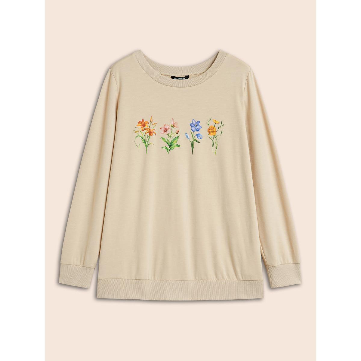 Plus Size Round Neck Natural Flowers Sweatshirt Women Apricot Casual Patchwork Round Neck Everyday Sweatshirts BloomChic 18-20/2X Product Image
