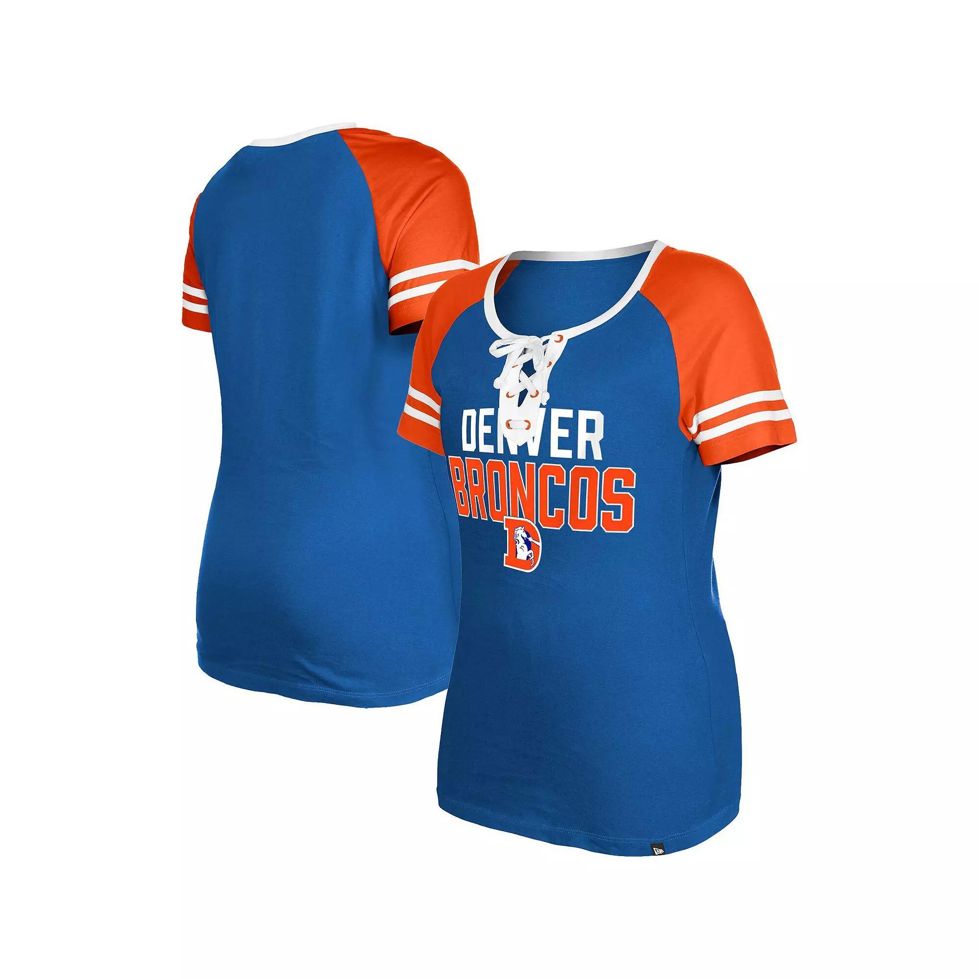 Women's New Era  Royal Denver Broncos Throwback Raglan Lace-Up T-Shirt, Size: XS, Blue Product Image