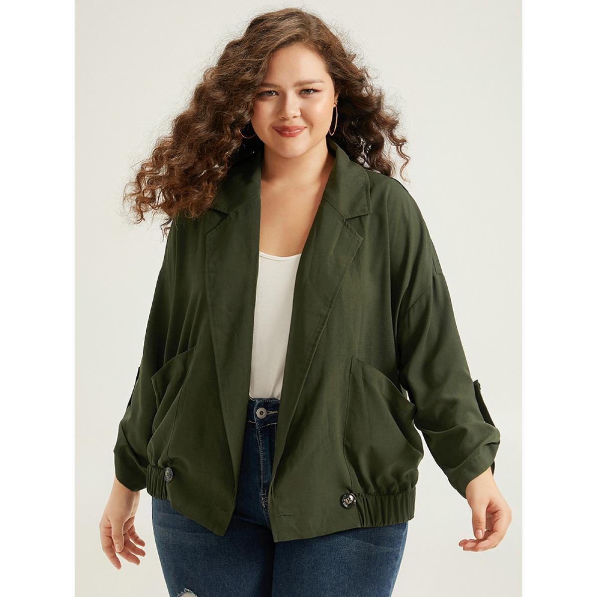Plus Size Lapel Collar Solid Gathered Tab Sleeve Jacket Women ArmyGreen Plain Pocket Dailywear Jackets BloomChic 18-20/2X Product Image