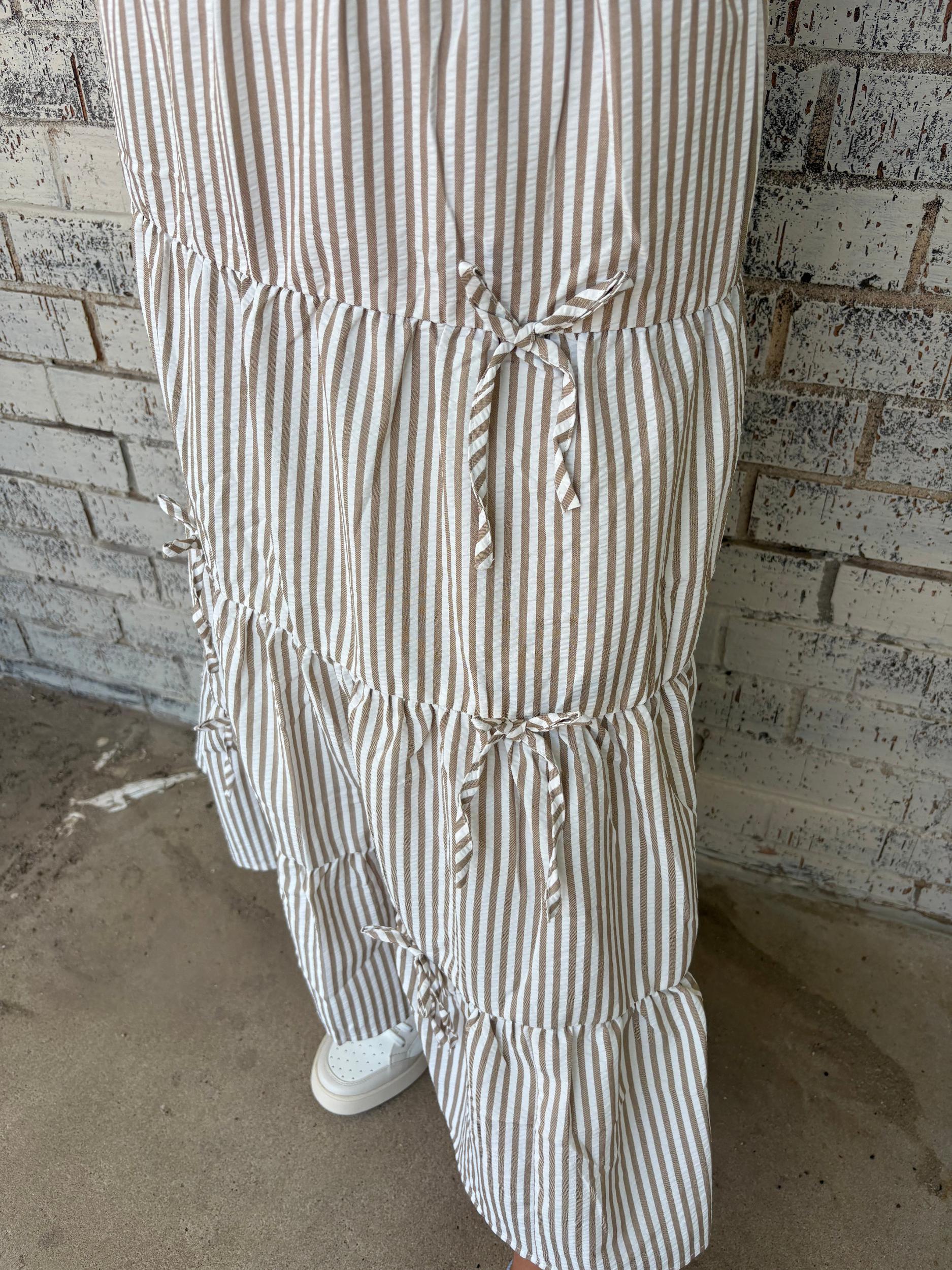 Bow Tie Tiered Taupe Stripe Maxi Skirt Product Image