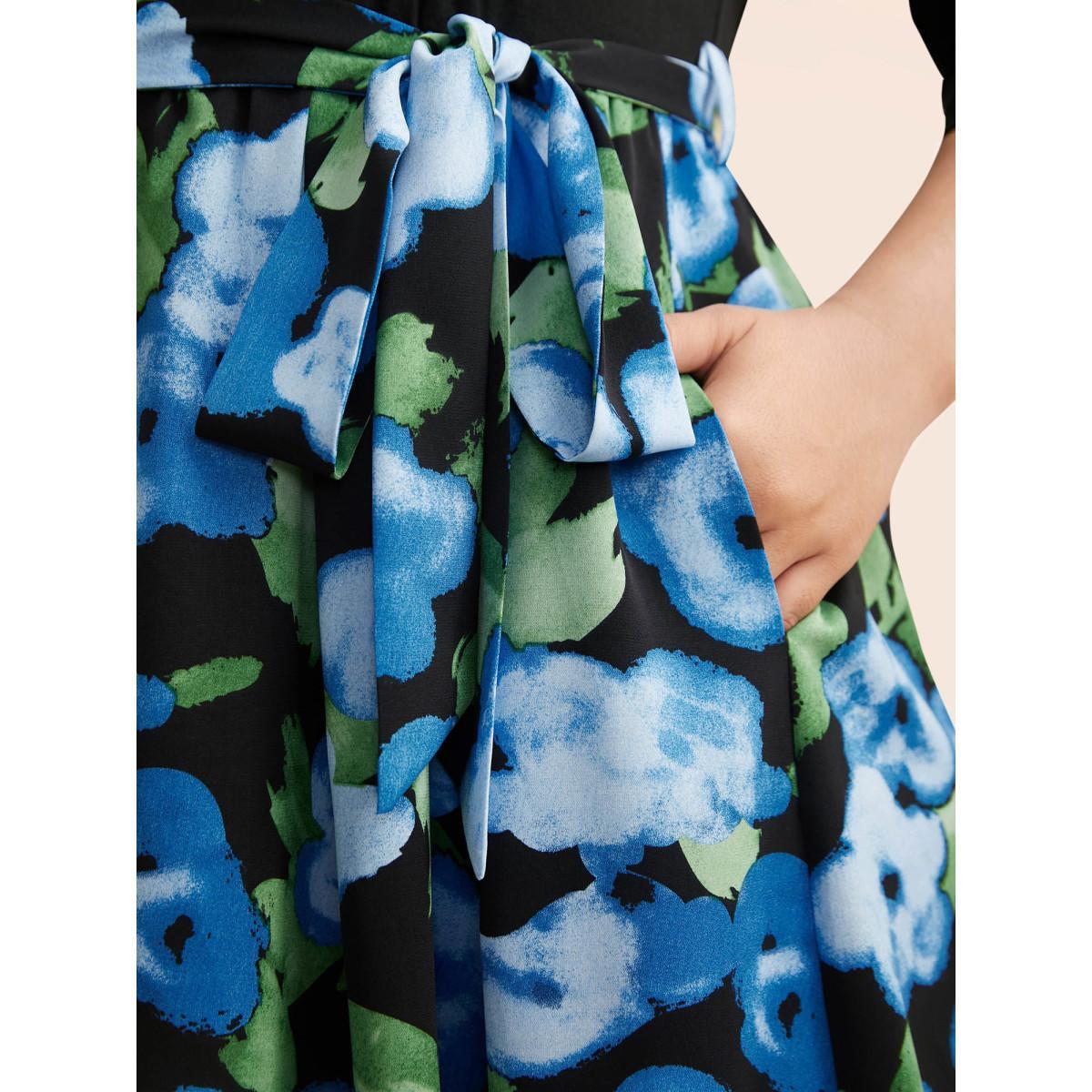 Plus Size Round Neck Floral Patchwork Belted Dress Black Women Elegant Belted Round Neck Elbow-length sleeve Curvy BloomChic 22-24/3X Product Image