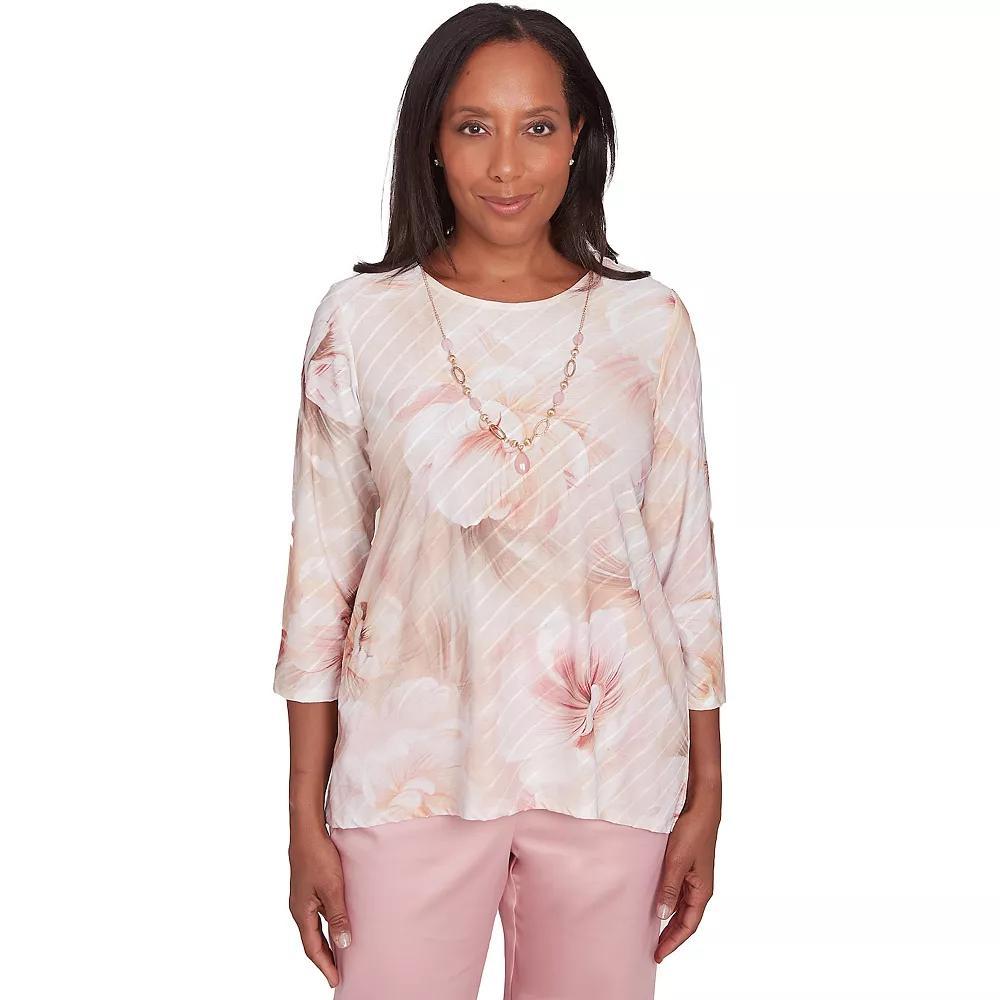Women's Alfred Dunner Textured Watercolor Flower Top with Necklace, Size: Small, Multi Pink Product Image