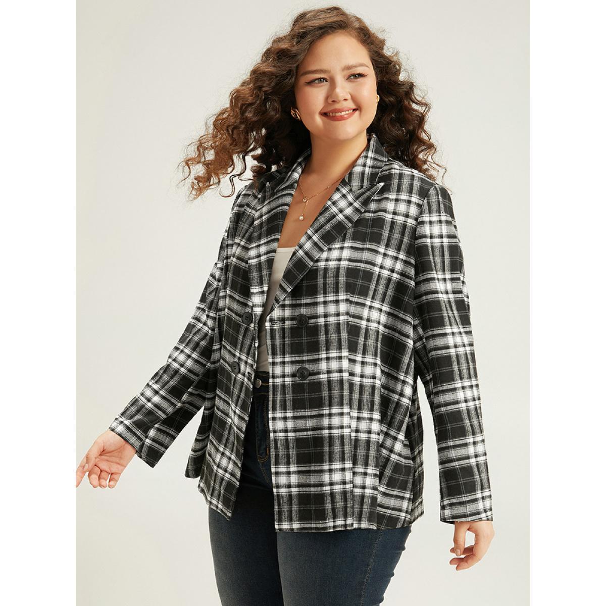 Plus Size Plaid Suit Collar Button Fly Blazer Black Women Work Plaid Contrast Sleeve Long Sleeve Suit Collar 28/5X Office Blazers BloomChic Product Image