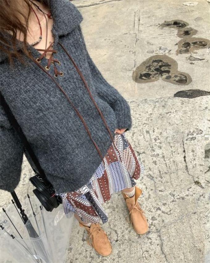Collar Plain Lace-Up Ribbed Sweater Product Image