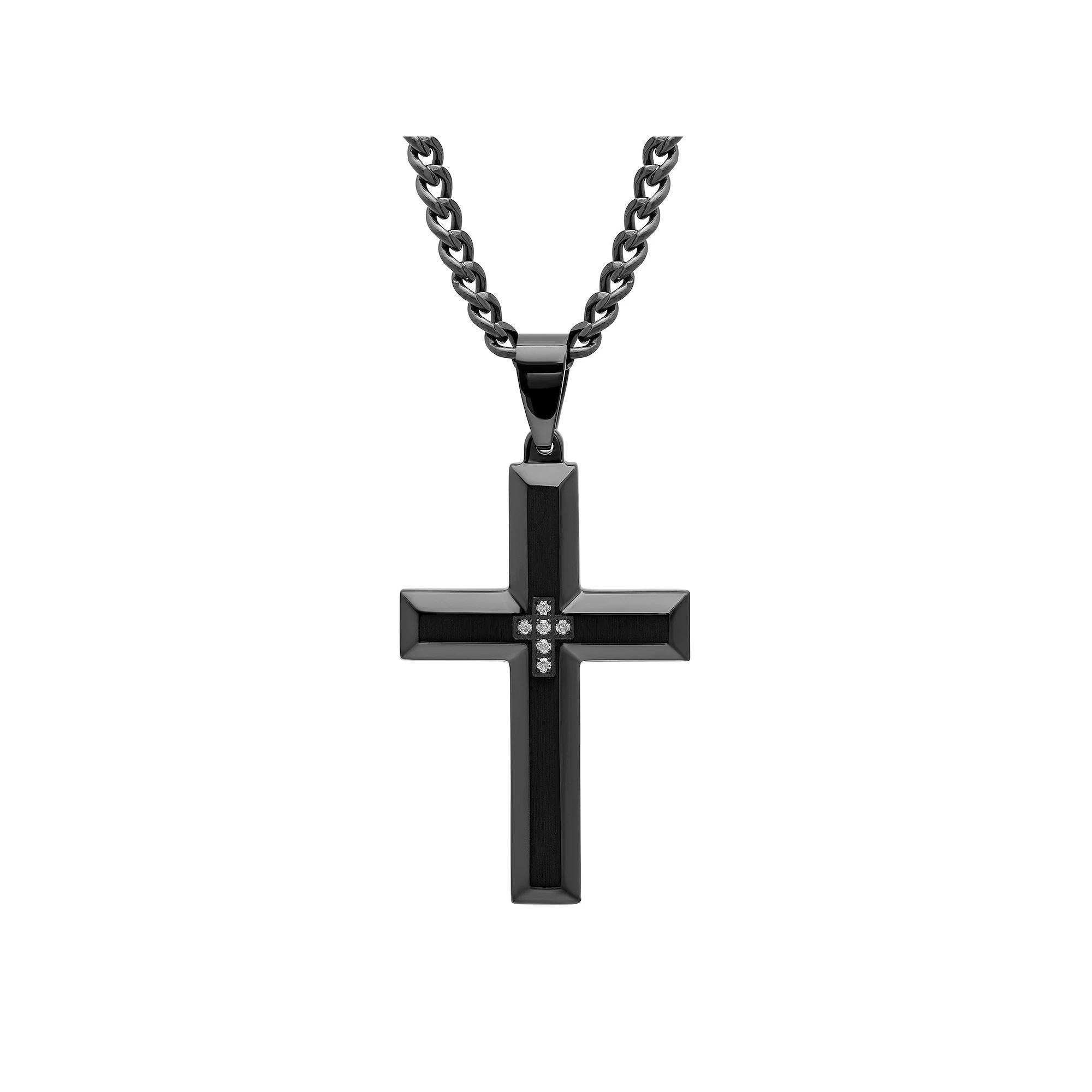 Men's Jewelry Nation Stainless Steel Diamond Accent Cross Pendant Necklace, Size: 24", Black White Product Image