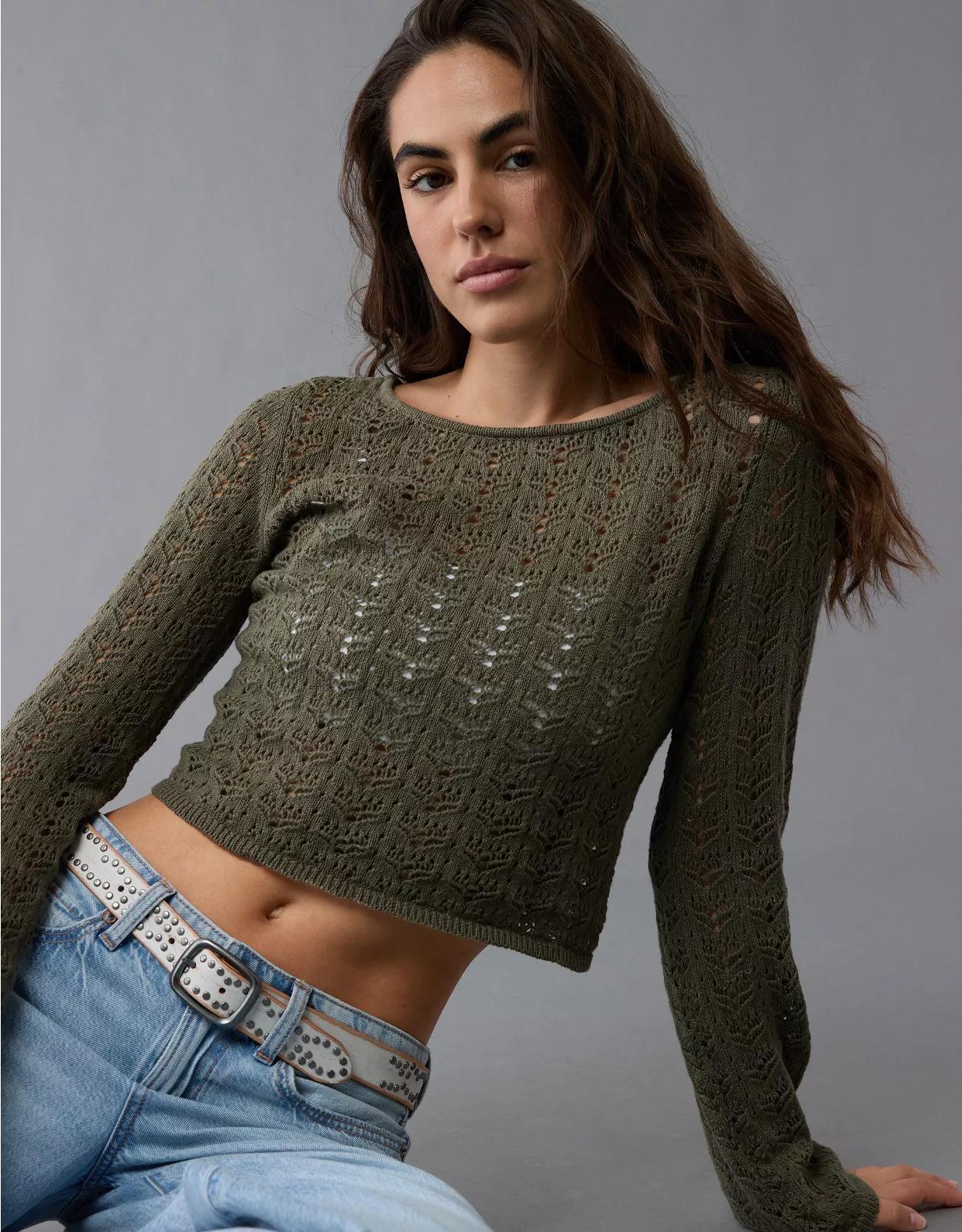 AE Lace-Up Back Crochet Sweater Product Image