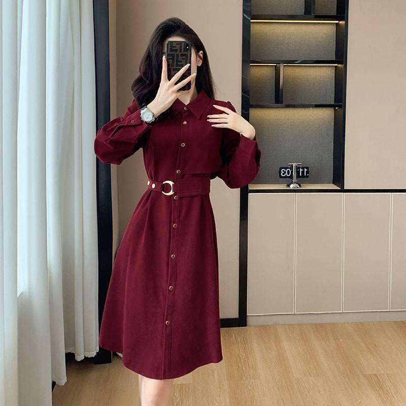 Long-Sleeve Plain Midi A-Line Shirt Dress Product Image