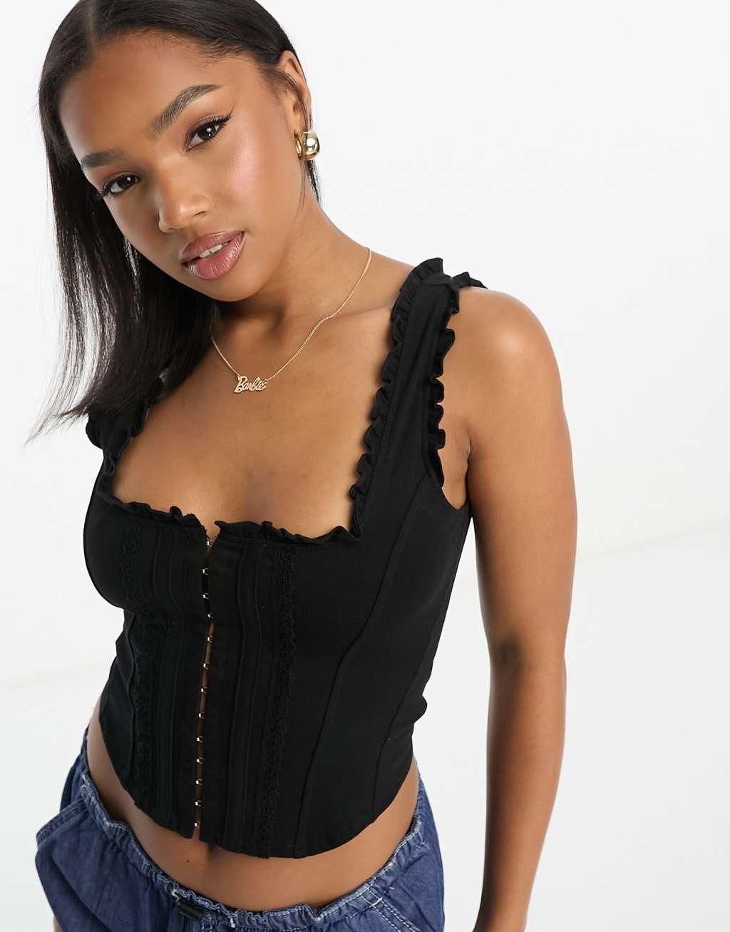 Miss Selfridge frill detail corset top with eyelet details Product Image