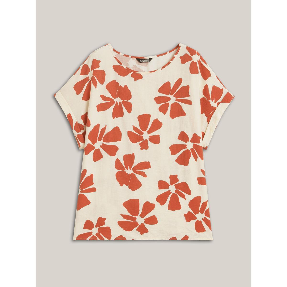 Plus Size Beige Floral Print Crew Neck Half Sleeve Shirt Women Elegant Short sleeve Round Neck Everyday Blouses BloomChic 30/6X Product Image