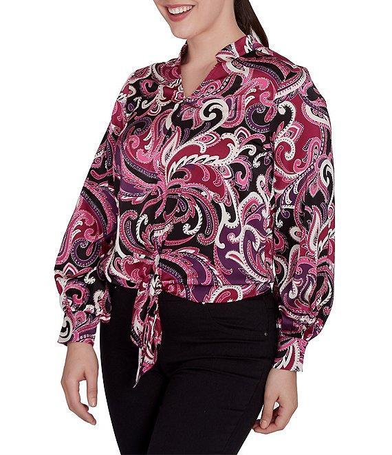 Ruby Rd. Woven Paisley Split V-Neck Long Sleeve Tie-Front Top Product Image