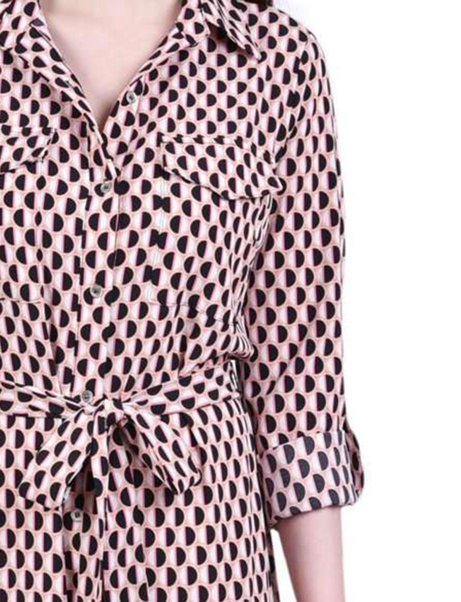 Peach Amber Geo 3/4 Roll Tab Sleeve Belted Shirtdress - Petite Product Image