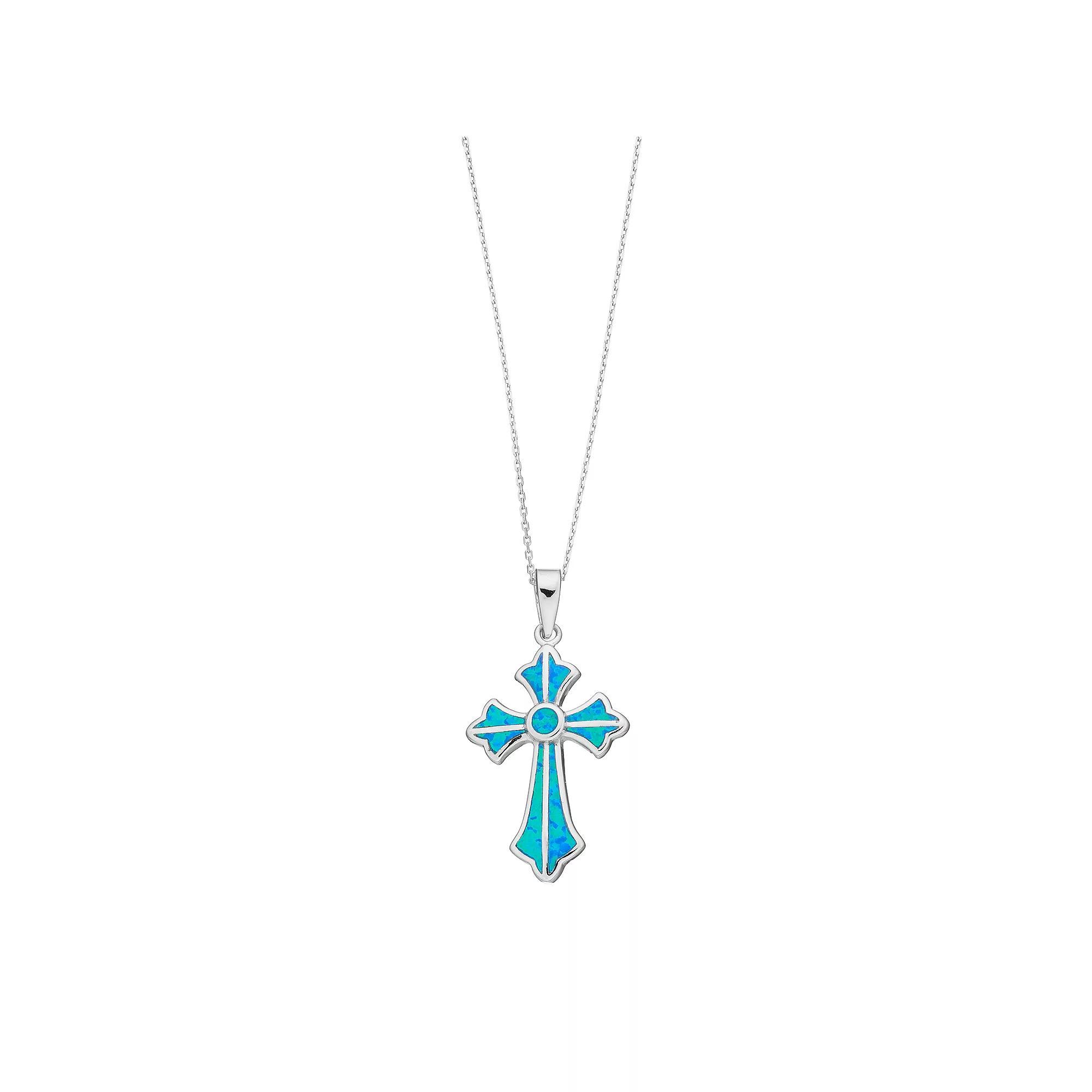 Sterling Silver Lab-Created Blue Opal Cross Pendant, Women's, Size: 18" Product Image