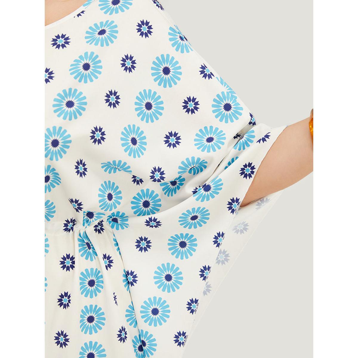 Plus Size Floral Batwing Sleeve Keyhole Knotted Neck Split Dress Cerulean Women Vacation Round Neck Half Sleeve Curvy Midi Dress BloomChic 12/L Product Image