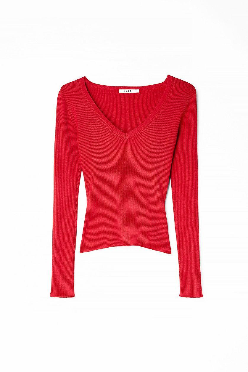 Ribbed Knitted V-Neck Top Product Image