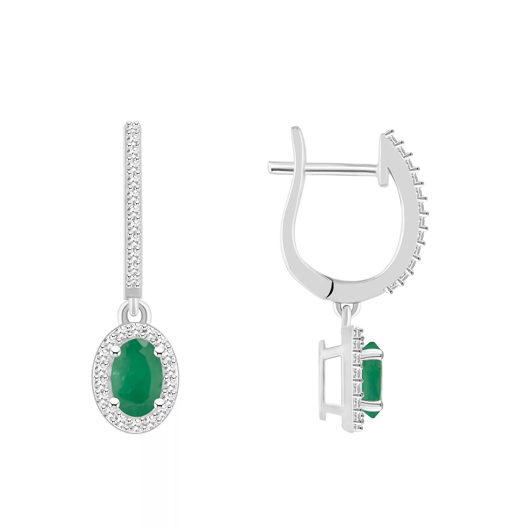 Celebration Gems Sterling Silver Oval-Cut Emerald & 1/3 Carat T.W. Diamond Hoop Drop Earrings, Women's Product Image