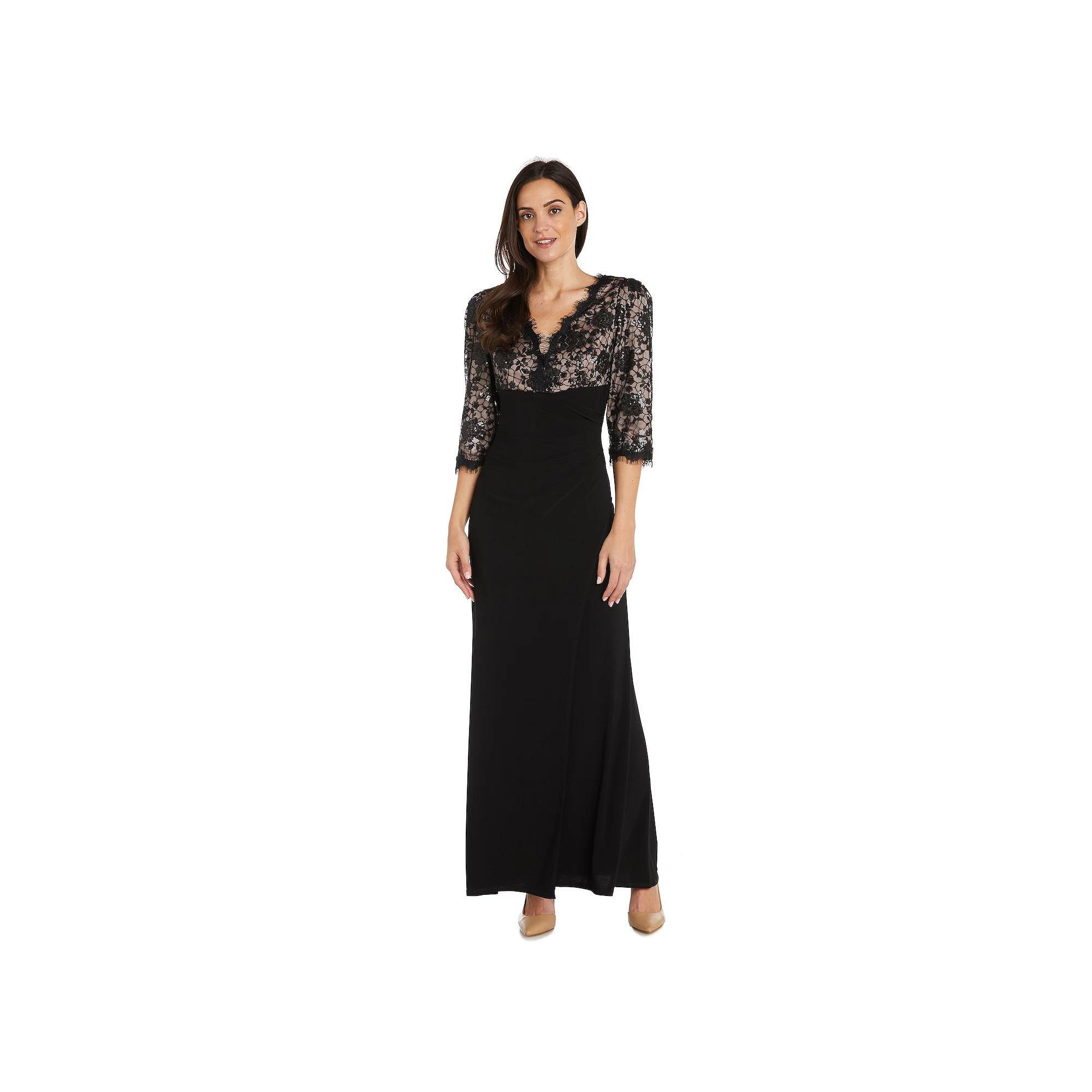 Petite R&M Richards Long 3/4 Sleeve And Lace Bodice Cocktail Dress, Womens Product Image
