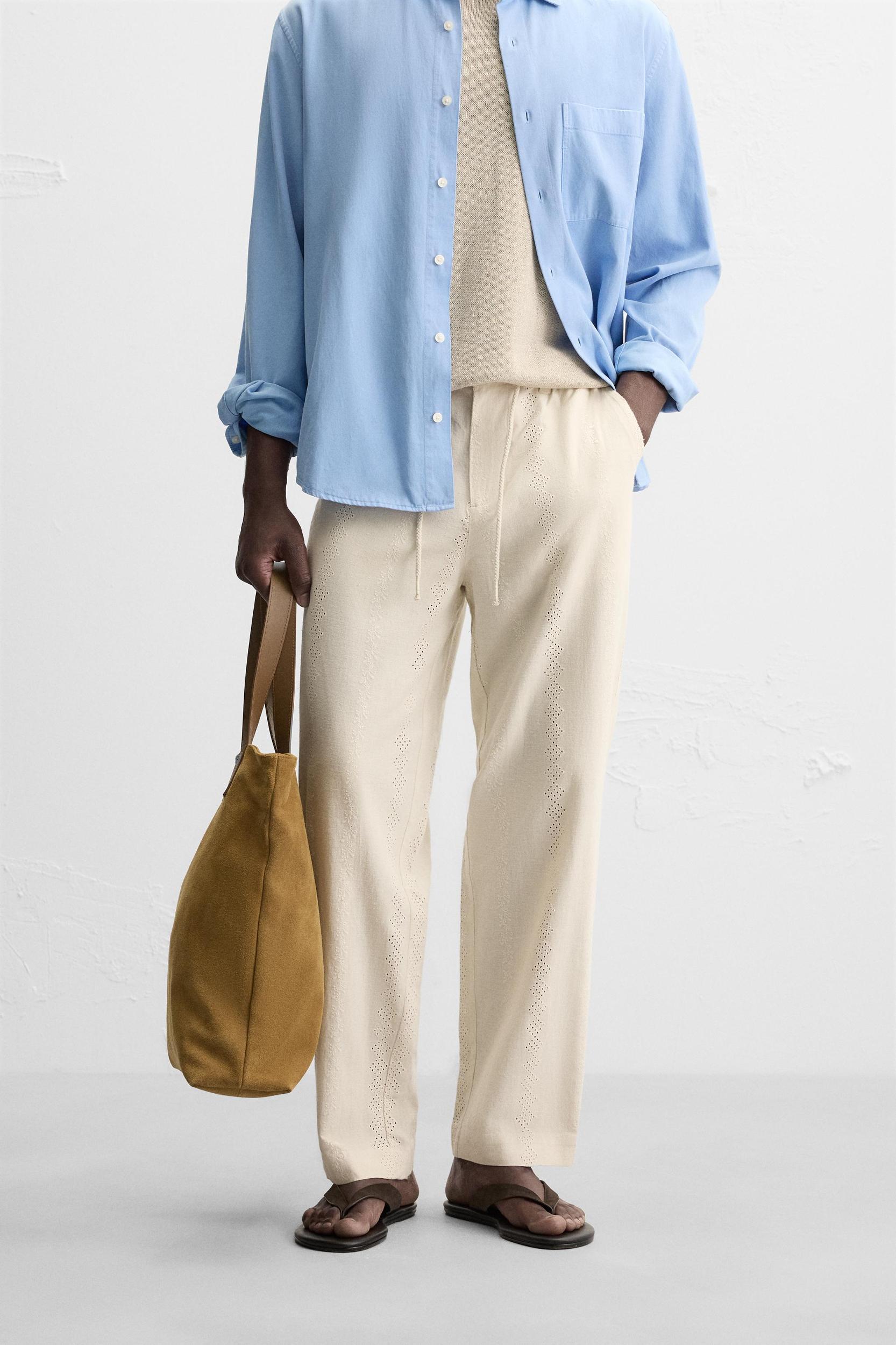 EMBROIDERED CUTWORK COTTON - LINEN PANTS Product Image