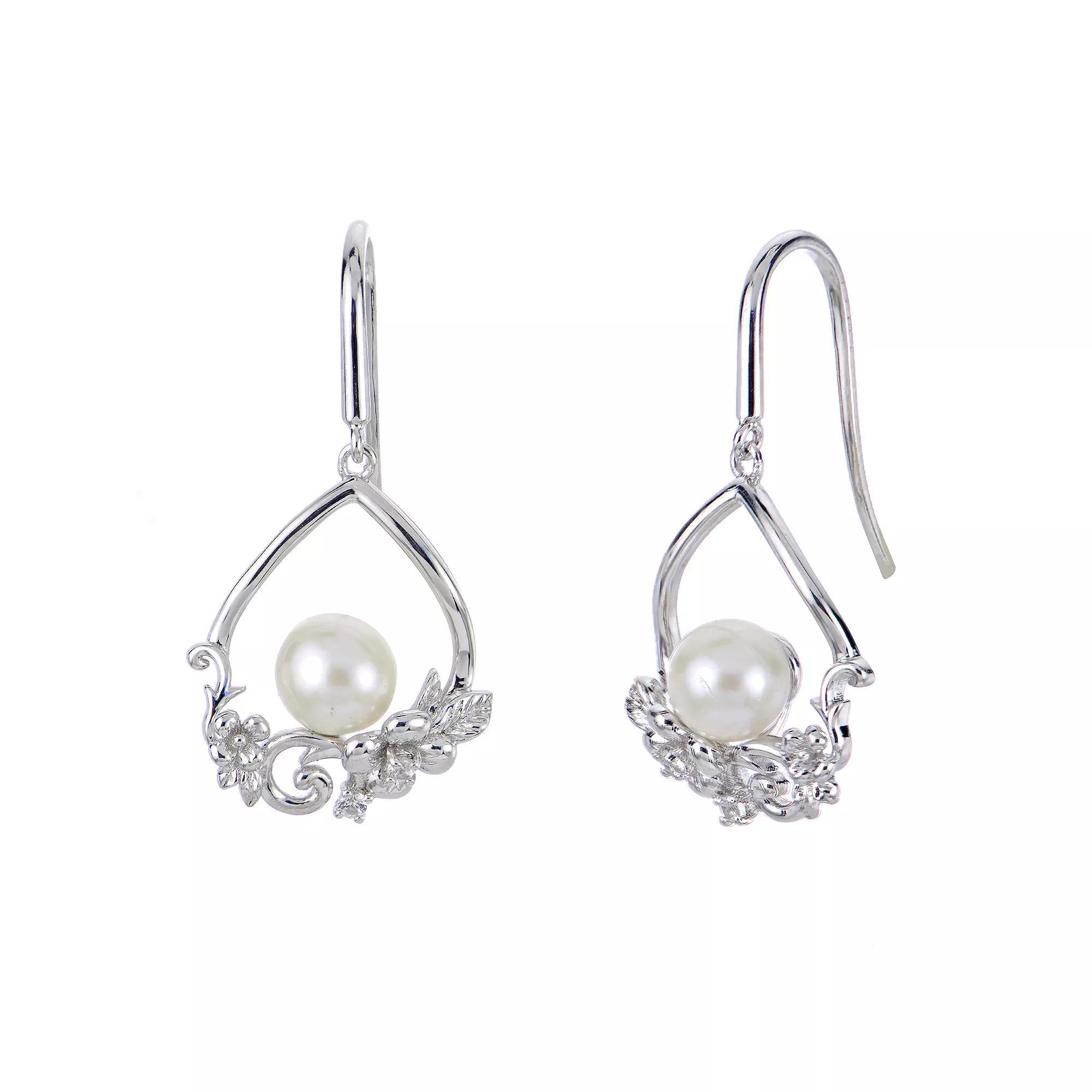 PearLustre by Imperial Sterling Silver Freshwater Cultured Pearl & Lab-Created White Sapphire Flower Drop Earrings, Womens Product Image