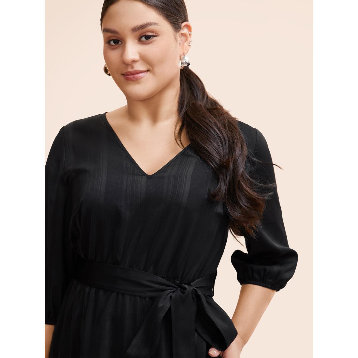 Plus Size Texture Lantern Sleeve Belted Midi Dress Black Women Workwear Essentials Texture V-neck Elbow-length sleeve Curvy BloomChic 18-20/2X Product Image