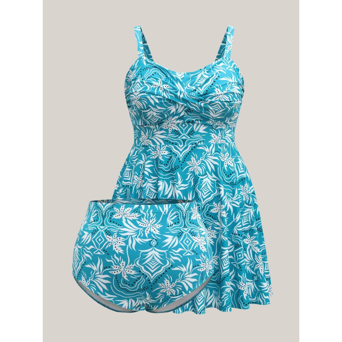 Plus Size Twist Front Floral Print Swim Dress Women's Swimwear Teal Beach Bodycon Heart neckline High stretch Curve Swim Dresses BloomChic 10/M Product Image