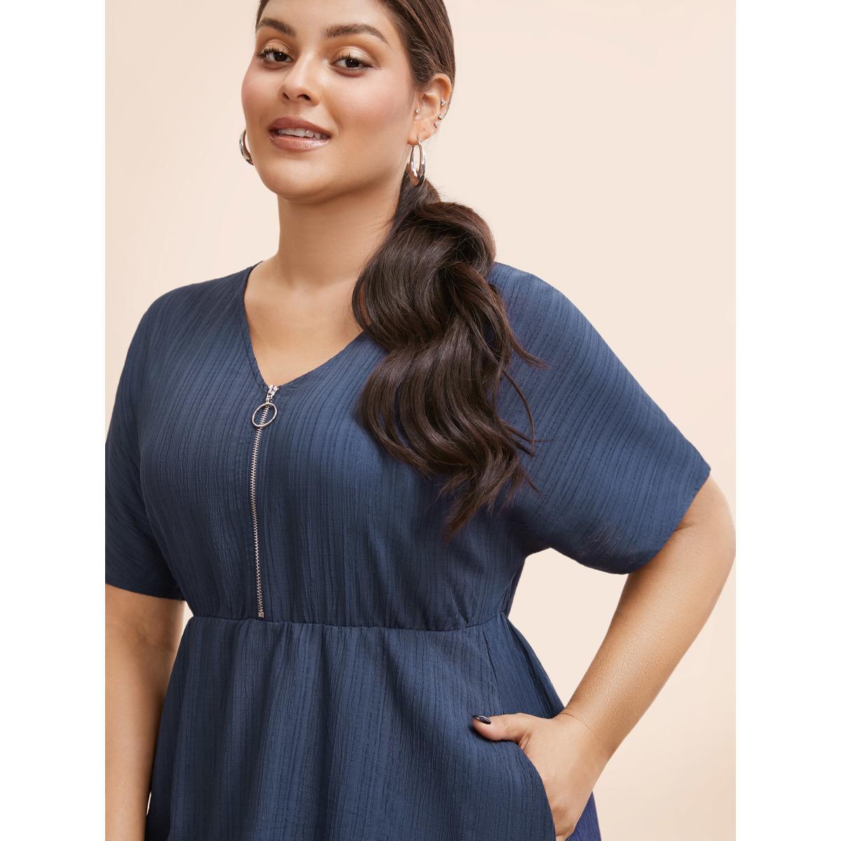 Plus Size Textured Half Zip Dolman Sleeve Dress Indigo Women At the Office Texture V-neck Short sleeve Curvy BloomChic 14-16/1X Product Image