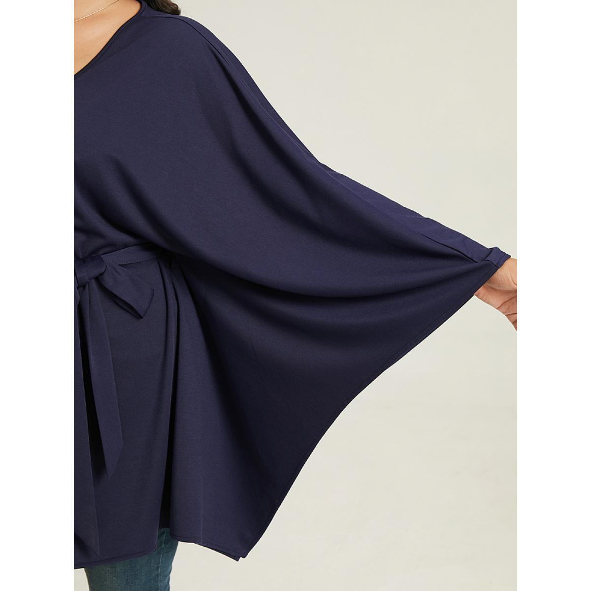 Plus Size Plain Drape Surplice Neck Belted Kimono Women Indigo Casual Drape Loose Belt Everyday Kimonos BloomChic 10/M Product Image