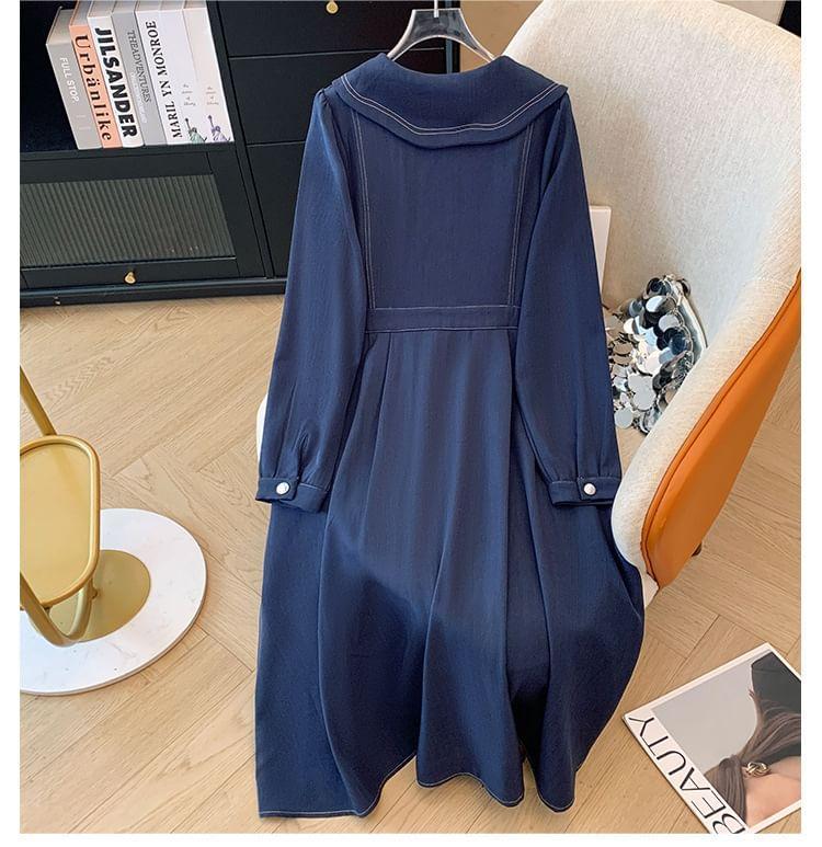 Plus Size Long-Sleeve Sailor Collar Contrast Stitched Button-Up Midi A-Line Dress Product Image