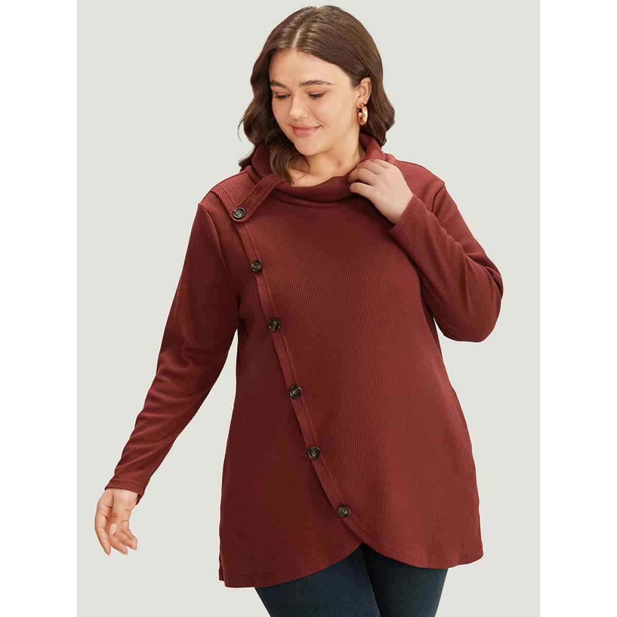 Plus Size Rib Knit Mock Neck Wrap Pocket Button Detail Sweatshirt Women Scarlet Casual Wrap Mock Neck Dailywear Sweatshirts BloomChic 12/L Product Image