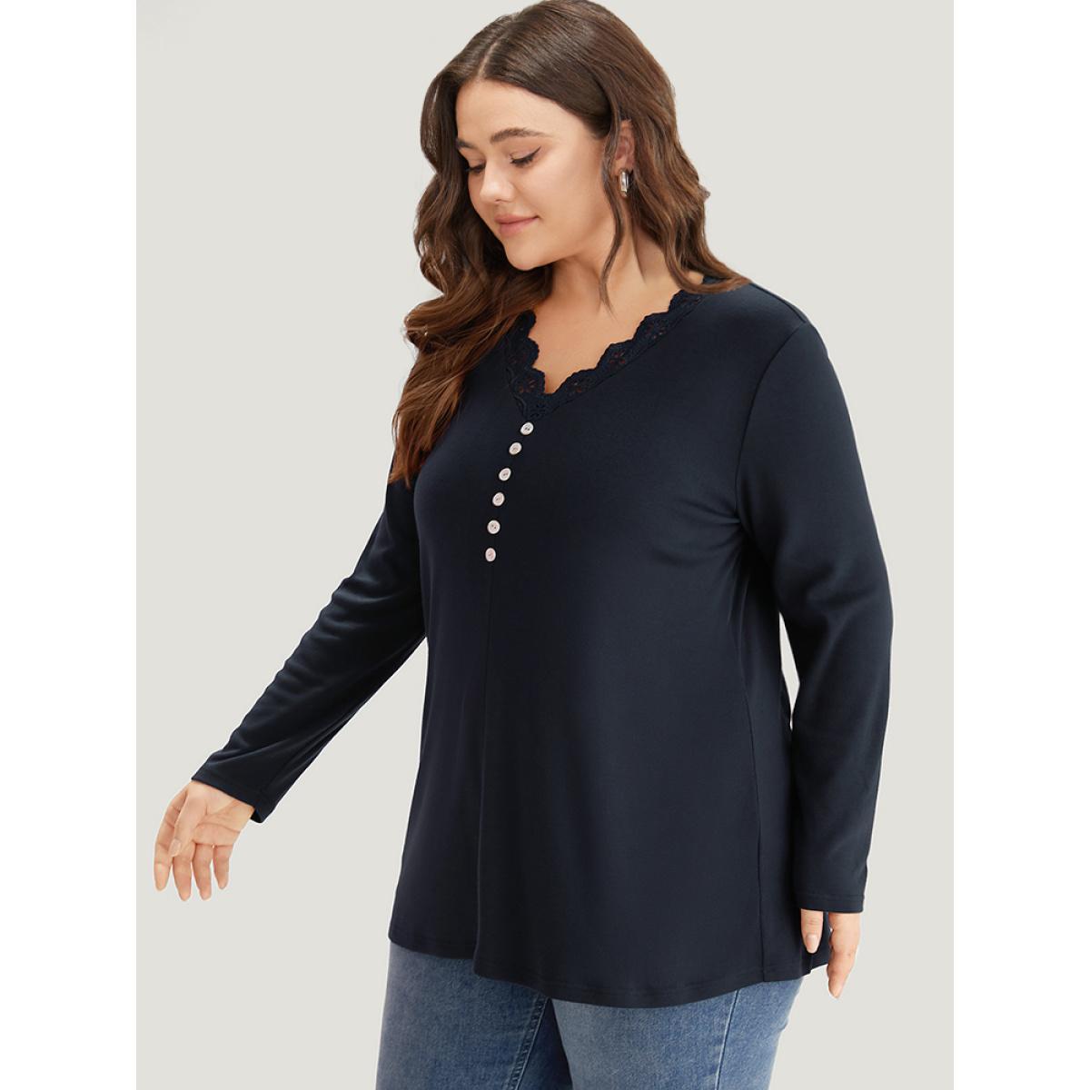 Plus Size Guipure Lace Patchwork V Neck Button Detail T-shirt Indigo Women Elegant Printed Plain V-neck Dailywear T-shirts BloomChic 12/L Product Image