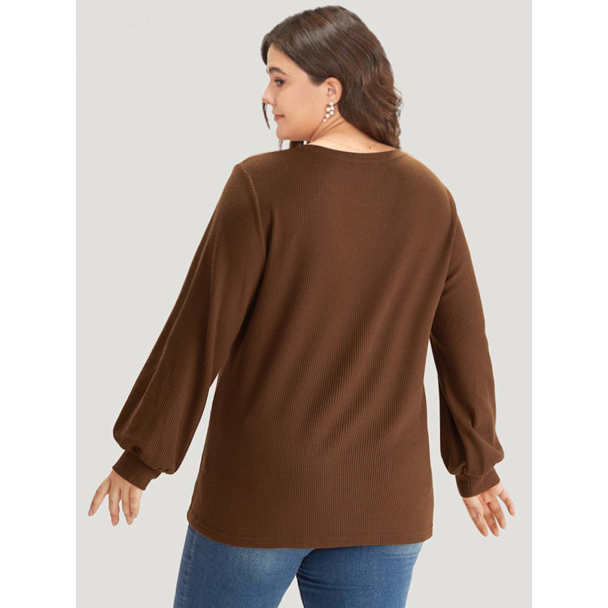 Plus Size Leopard Patchwork Waffle Knit Elastic Cuffs T-shirt DarkBrown Women Casual Elastic cuffs Leopard Round Neck Dailywear T-shirts BloomChic 26/4X Product Image