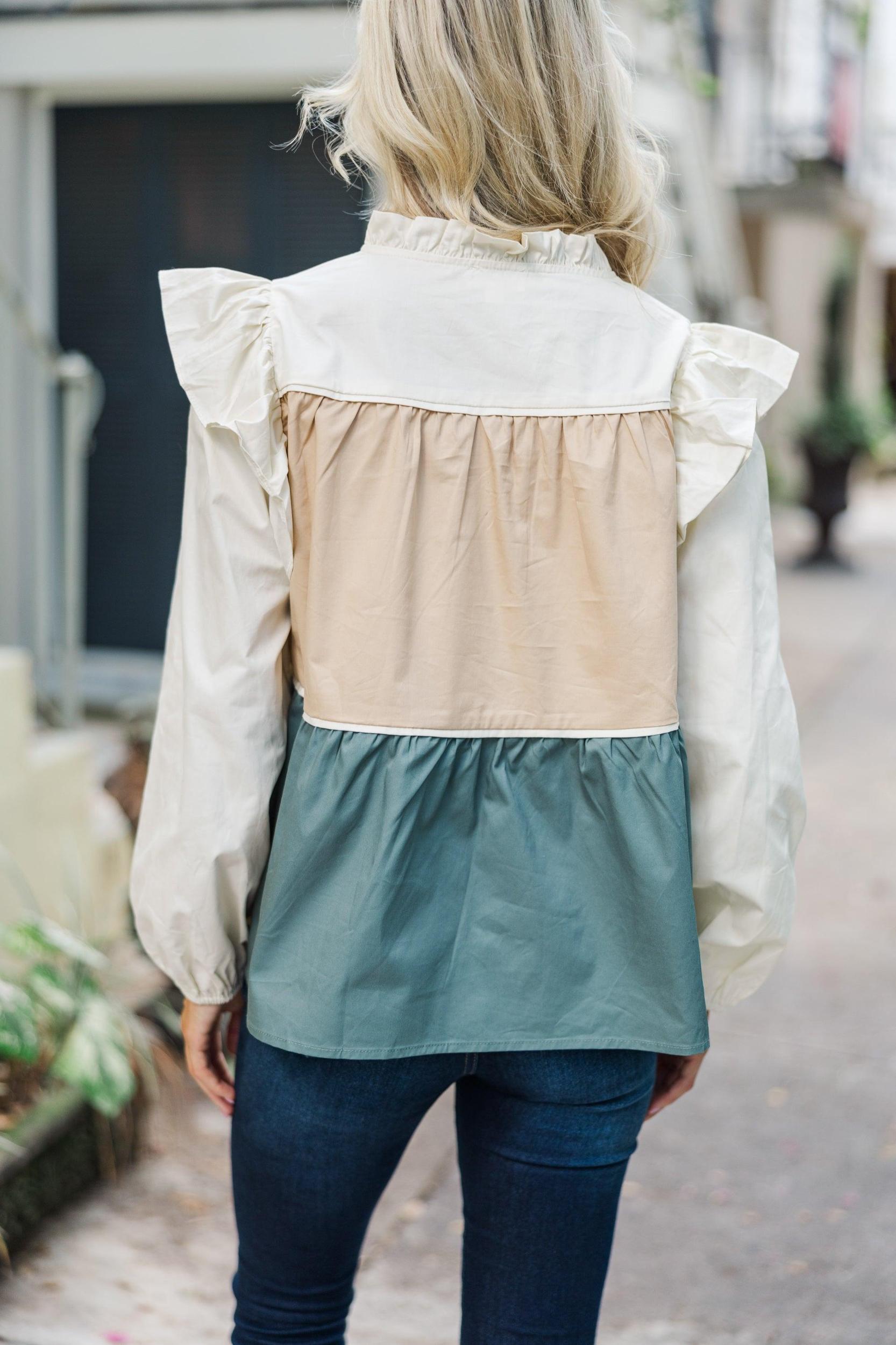 Stay On Your Mind Cream/Dusty Teal Babydoll Blouse Female Product Image