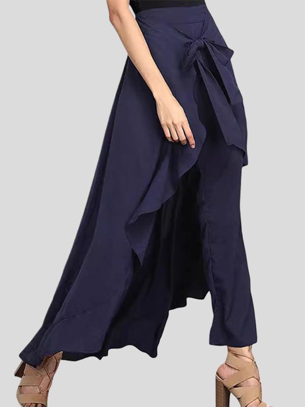 Loose Ruffle Trim Solid Color Split-Joint Tied Waist Zipper Culotte Product Image