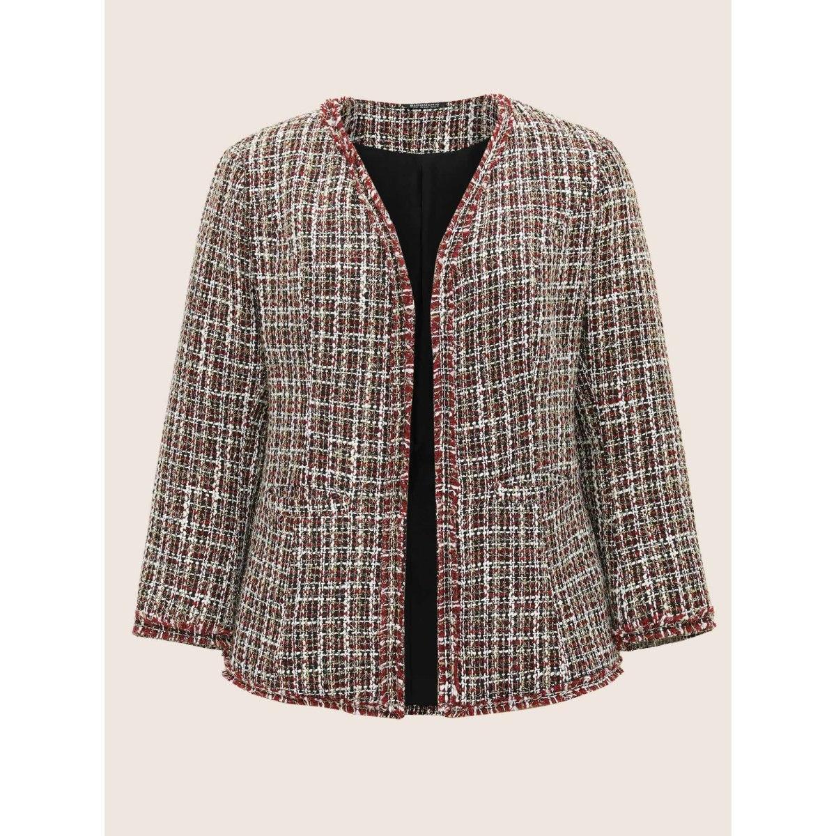 Plus Size Tweed Fuzzy Trim Pocket Open Front Jacket Women Multicolor Texture Pocket Everyday Jackets BloomChic 28/5X Product Image