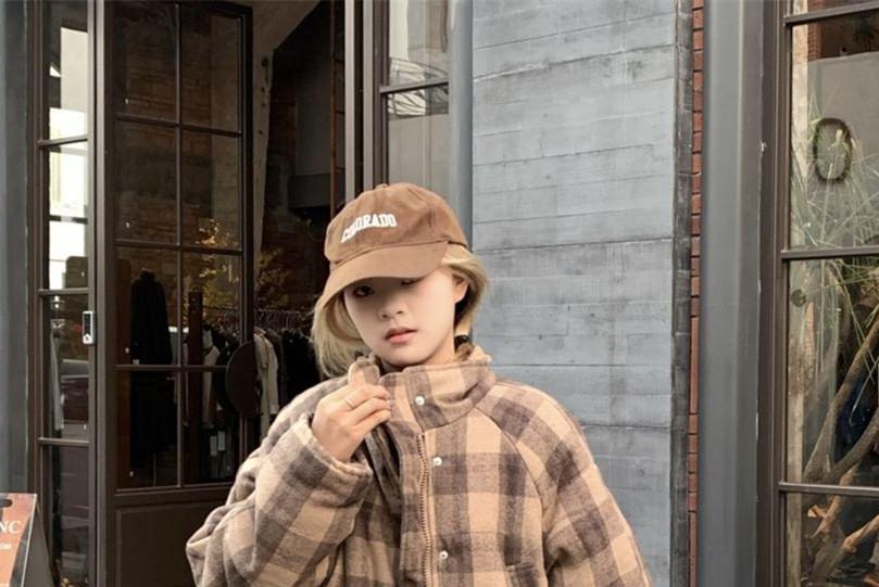 Stand Collar Plaid Padded Zip Jacket Product Image