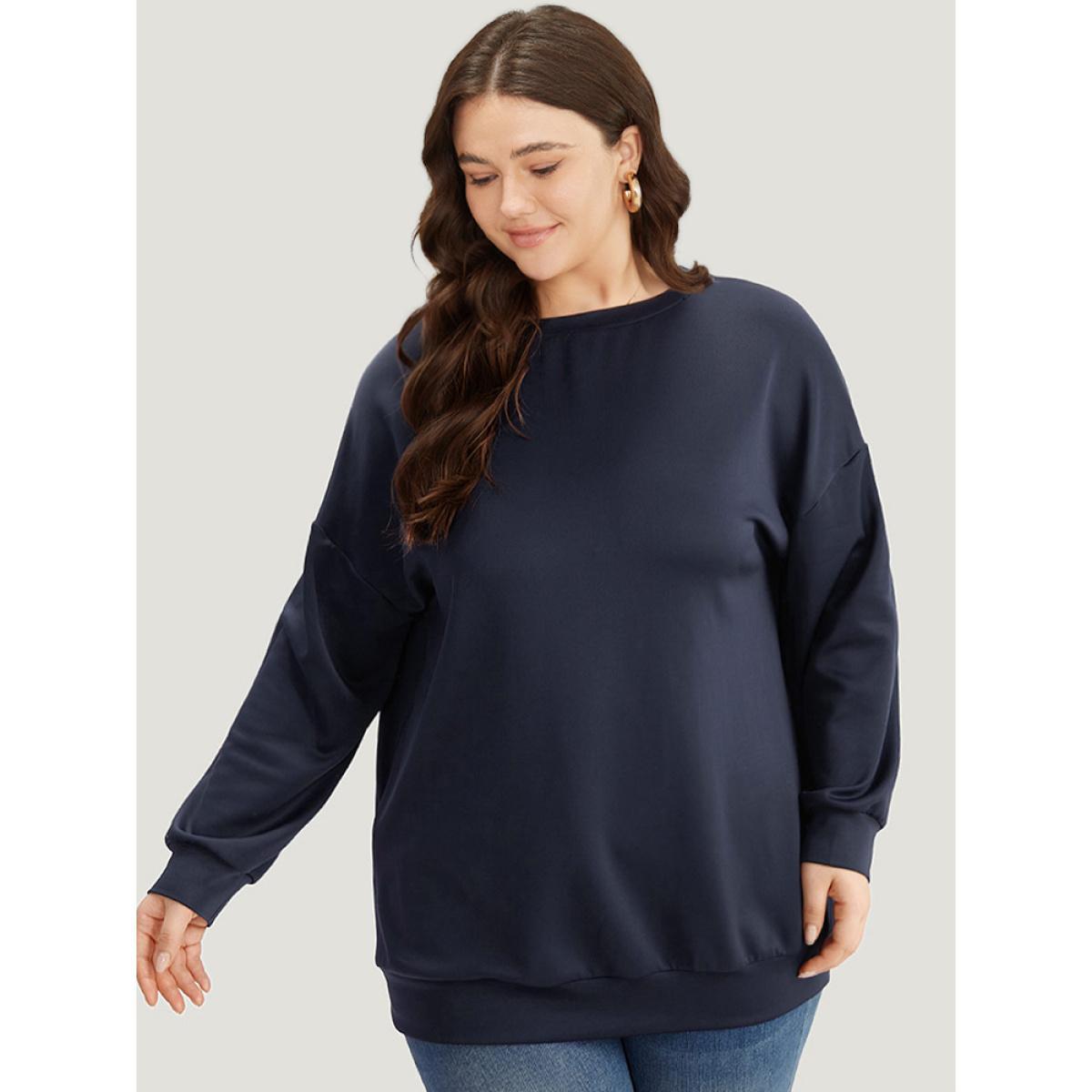 Plus Size Solid Button Detail Patchwork Sweatshirt Women Indigo Casual Elastic cuffs Round Neck Dailywear Sweatshirts BloomChic 12/L Product Image