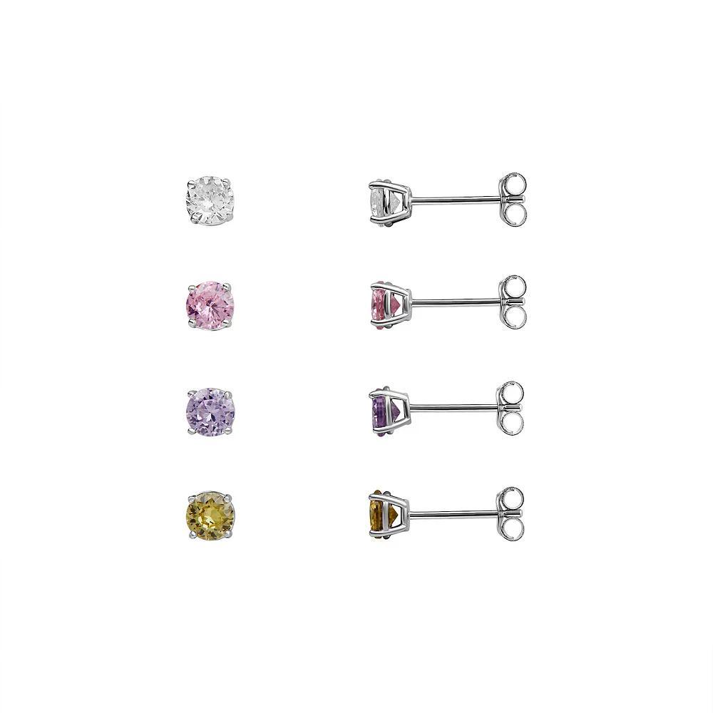 PRIMROSE 4 Pair Multi-Color Cubic Zirconia Stud Earring Set, Women's, Sterling Silver Product Image
